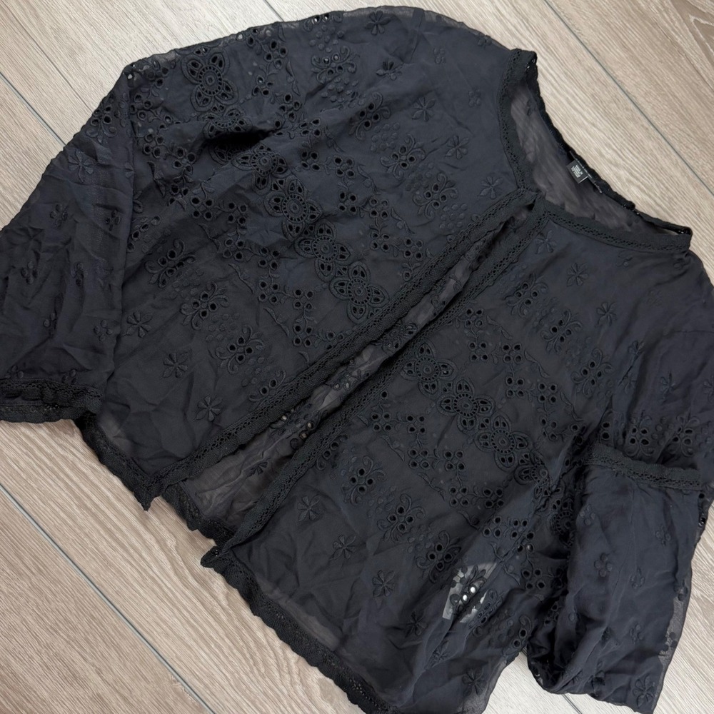 DKNY Womens Cardigan Top Silk Eyelet Embroidered Sheer Black Large